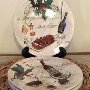 4 Williams Sonoma Wine Holly Charcuterie Dessert Christmas Holiday 8 7/8” Plates